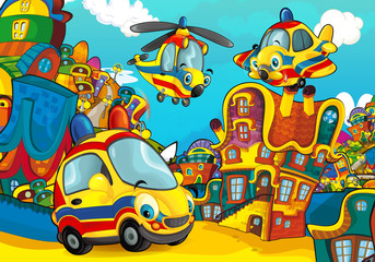 Obraz na płótnie Canvas Cartoon ambulance car smiling and looking in the parking lot and plane flying over - illustration for children