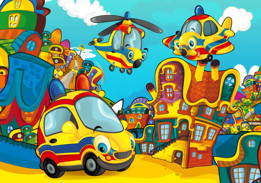 Cartoon ambulance car smiling and looking in the parking lot and plane flying over - illustration for children © honeyflavour