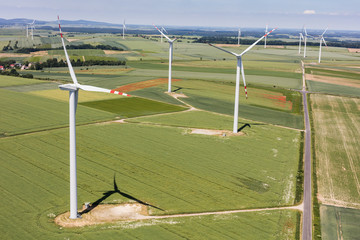 aerial view of the wind farm and harvest fields
