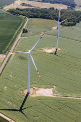aerial view of the wind farm and harvest fields