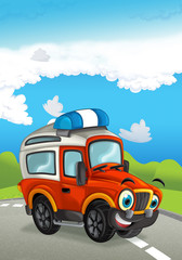 Cartoon fire truck car smiling and looking on the road - illustration for children