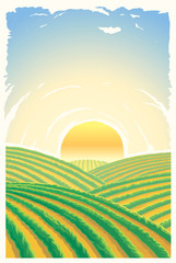 Obraz premium Rural landscape with sunrise over the hills