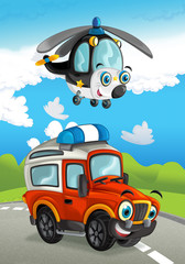 cartoon happy traditional offroad truck and helicopter smiling and flying over