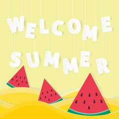 welcome summer origami paper art style background design vector illustration