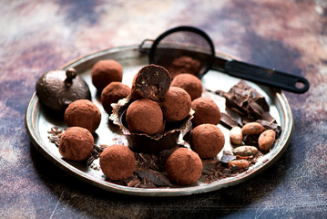 Chocolate candies truffles, Cocoa beans and chocolate