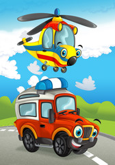 cartoon happy traditional offroad truck and helicopter smiling and flying over