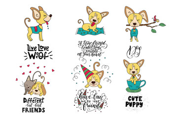 Obraz na płótnie Canvas Collection of illustrations with cute dogs and handdrawn lettering quotes.