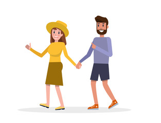 Young couple holding hands and walking through pathway on the street. flat character design. vector illustration