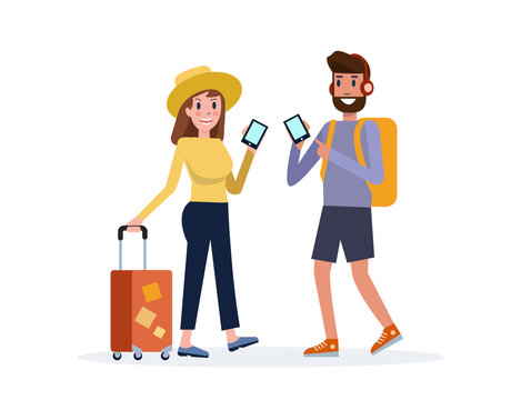 Man and Woman traveling together. Using Smartphone for search and reading reviews.  flat character design. vector illustration