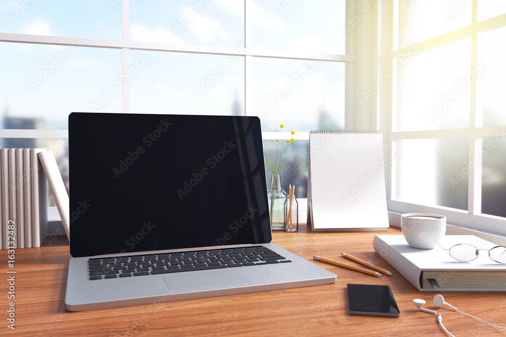 Aufkleber 3d rendering : illustration of modern interior creative designer office desktop with pc computer. cl