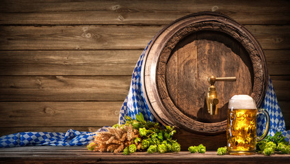 Oktoberfest beer barrel and beer glass