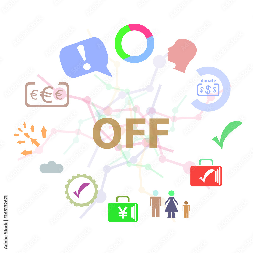 Poster text off. business concept . set of line icons and word typography on background