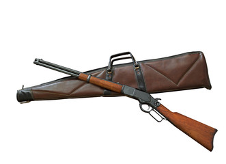 Closeup Antique Rifle with Bag on White Background, Clipping Path