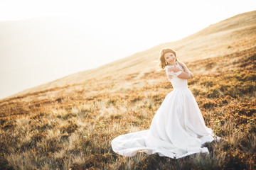 Fototapeta na wymiar Happy beautiful young bride outside on a summer meadow at the sunset