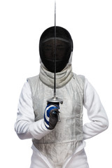 Woman fencer with mask holding the sword in front of her