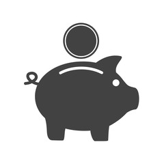 Money box pig with coin inserting in it. Flat style icon. Vector illustration