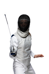 Woman fencer in attacking pose - 163133671