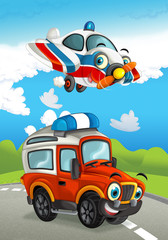 Fototapeta premium cartoon happy traditional offroad truck and plane smiling and flying over