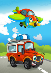 cartoon happy traditional offroad truck and plane smiling and flying over