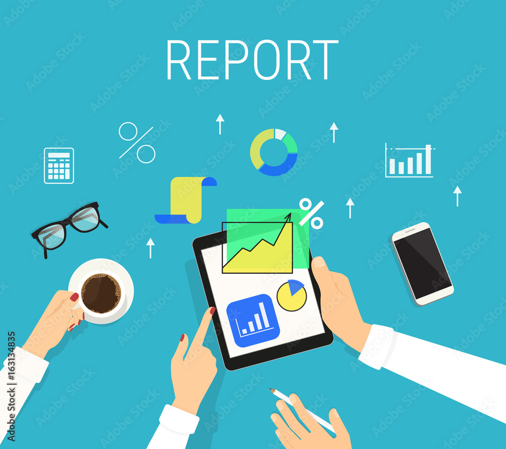 Poster business report and accounting on digital tablet screen vector illustration. human hands hold tablet