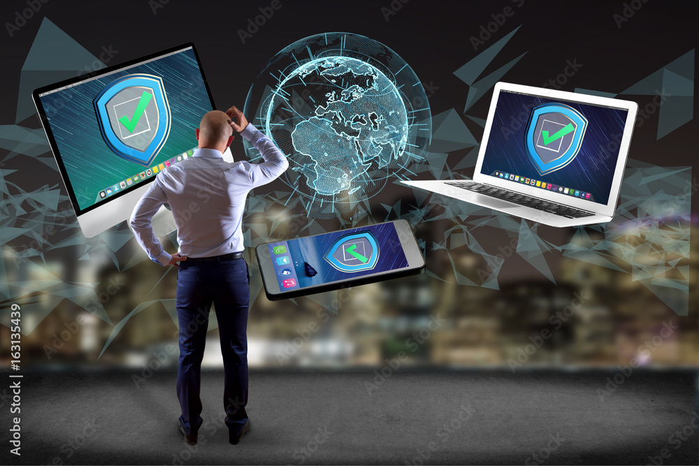 Poster businessman in front of a wall with security shield symbol over a network connection of different de