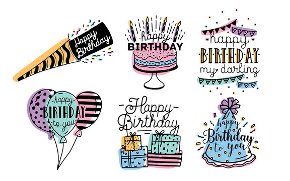 Cute happy birthday greetings inscriptions design collection. Colorful hand drawn lettering vector illustration set on white background.