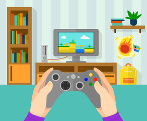 Interior of gamer room. Illustration of game controller in hands. Boy playing at video game on his console