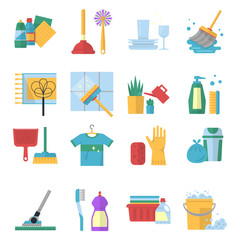 Vector symbols of cleaning services in cartoon style. Brush, dust and bucket