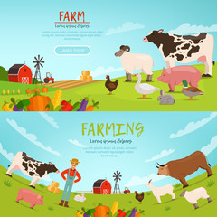 Agribusiness vector illustrations. Banners with farm landscape with house, transport and domestic animals © ONYXprj