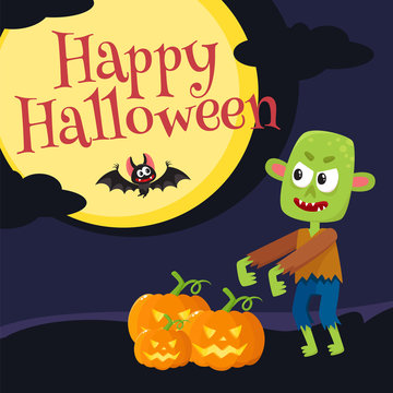 Happy Halloween greeting card, poster, banner design with little green zombie monster and orange pumpkin, bat, moon and dark night, cartoon vector illustration.