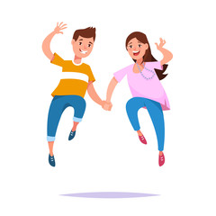 Fototapeta na wymiar Happy young couple guy and his girlfriend running hand in hand isolated. Concept friendship relationship and love story in cartoon style.