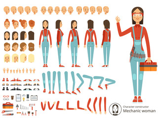 Big creation kit of girl mechanic in working clothes. Vector constructor with body parts