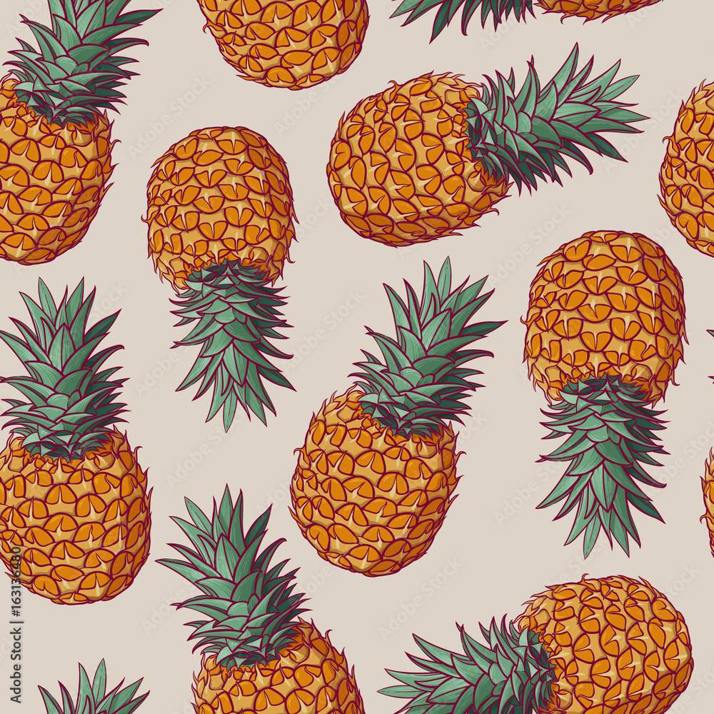 Poster seamless pattern with vector illustrations of pineapples