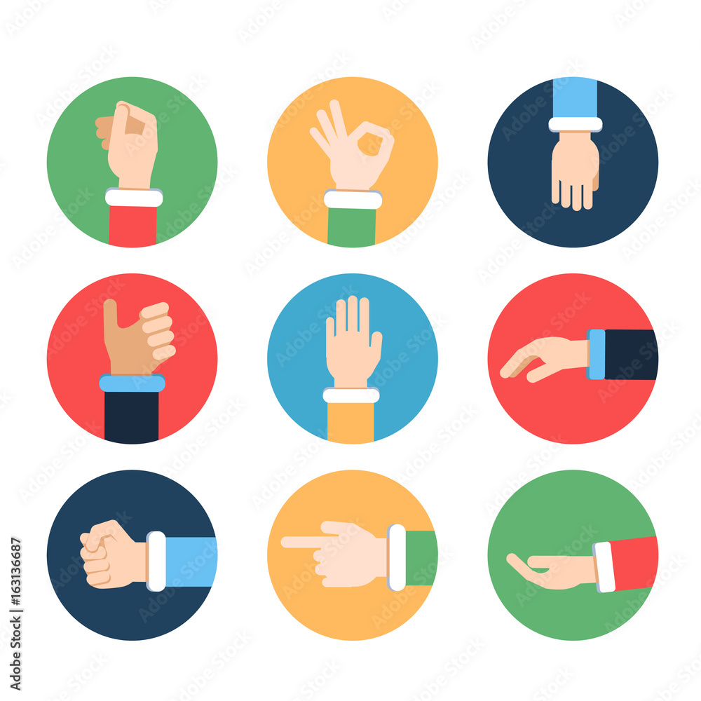 Poster different hands in action poses. vector pictures in colored frames