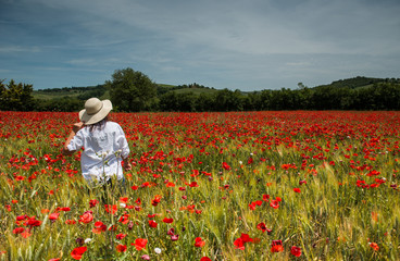 White dressed woman in a poppies field