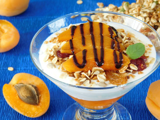 Portioned layered yogurt dessert decorated with apricots and chocolate topping
