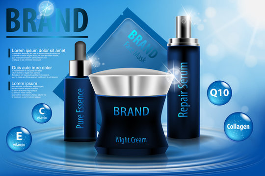 Moisturizing cosmetic ads template, 3D illustration cosmetic product mockup upon water. Cream, spray serum and pure essence realistic glass bottle isolated.