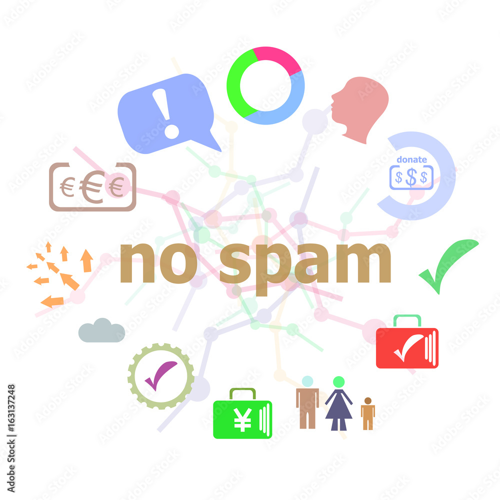 Poster text no spam. security concept . set of line icons and word typography on background. creative solut