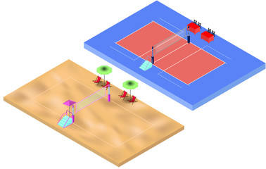 Isometric volleyball and beach volleyball playgrounds with net and judges place