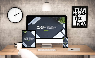 office workplace with digital agency devices collection - obrazy, fototapety, plakaty