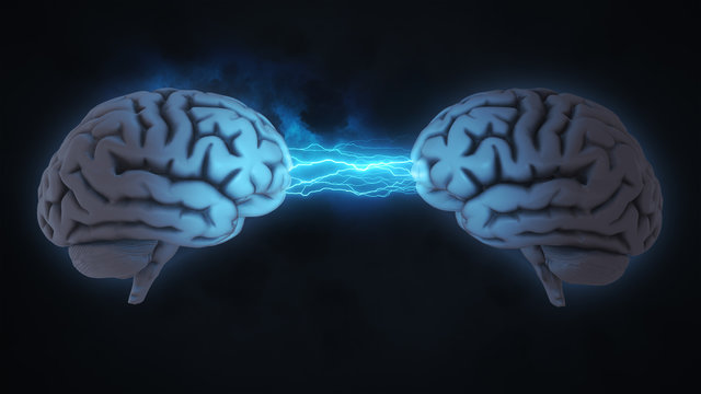 Two brains communicating  - 3D rendered illustration with clouds and lightning