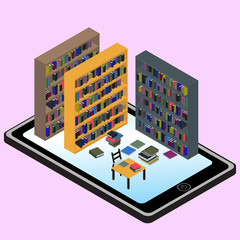 Isometric infographic about  libraries and informations in mobil