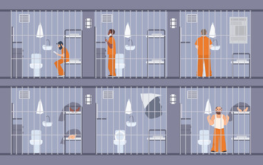 Colorful illustration featuring prisoners behind the bars. People in orange uniform. escape get out through wall in cell. Prison inmates. Flat cartoon vector. - obrazy, fototapety, plakaty