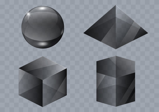 Set of black glass forms of a pyramid, a sphere and a cube. Vector graphics with transparency effect
