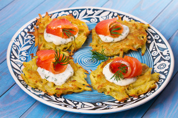 Potato Pancakes With Smoked Salmon. Vegetable fritters with fish. Latkes on a plate