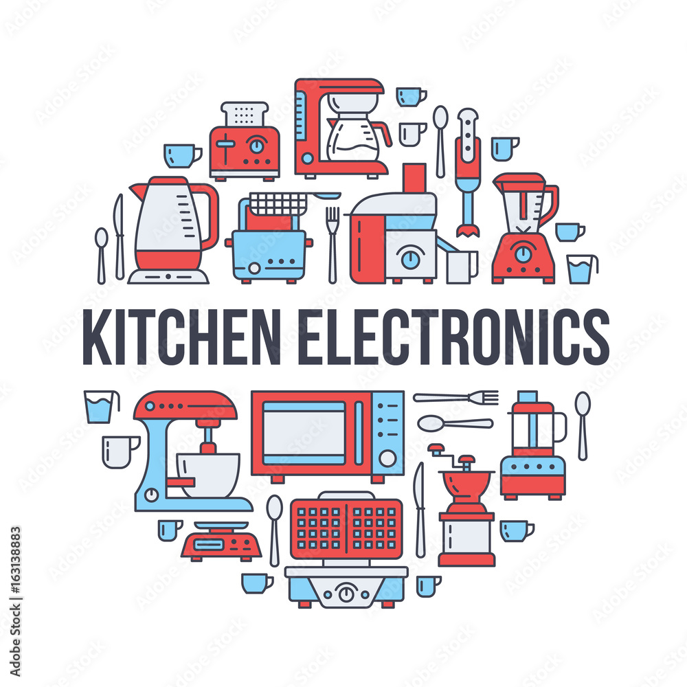 Wall mural kitchen small appliances equipment banner illustration. vector line icon of household cooking tools 