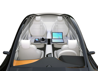 Fototapeta na wymiar Autonomous car interior. Front seats turned around and laptop PC, smartphone and wireless headphone on folding table. Mobile office concept. 3D rendering image.