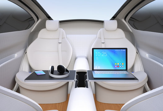 Autonomous car interior. Front seats turned around. Laptop PC, smartphone and headphone on folding table. Mobile office concept. 3D rendering image.