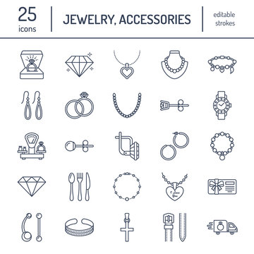 Jewelry flat line icons, jewellery store signs. Jewels accessories - gold engagement rings, gem earrings, silver chain, engraving necklaces, brilliants. Thin linear signs for fashion store.