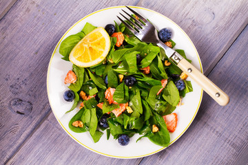 Salmon, spinach, blueberries and walnuts salad on white plate. View from above, top studio shot